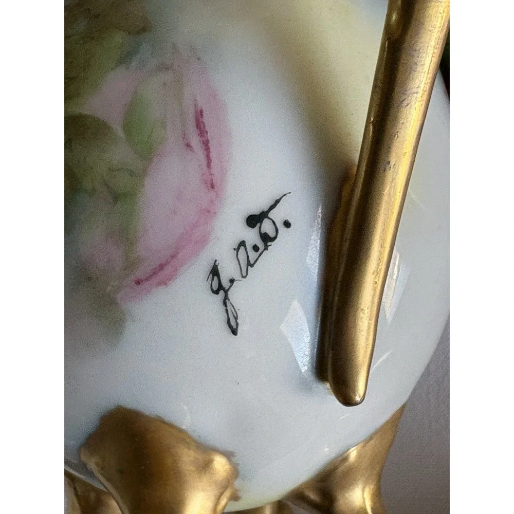 VTG Signed UNO Favorite Bavaria Hand Painted Sugar Creamer Rose Floral Gold Trim